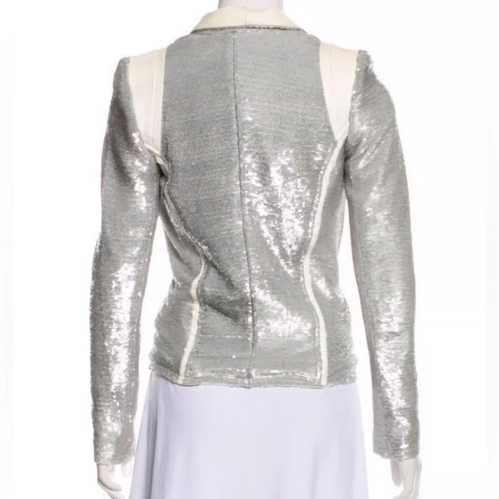 IRO Paris Silver Sequin "Hadley" Moto Blazer with White Leather - Picture 3 of 16